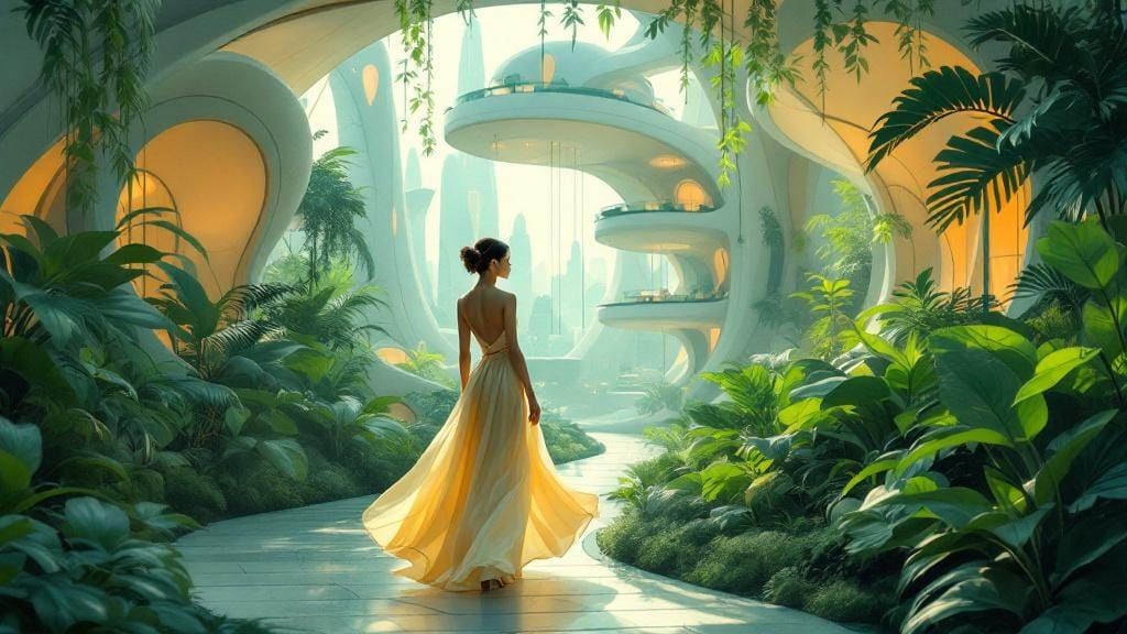 Utopian Future Cityscape in Organic Futurist Style