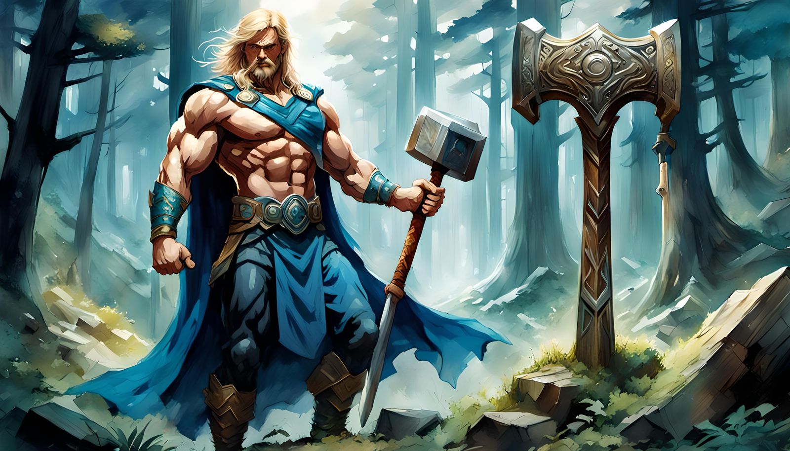 Norse Bodybuilder with Thor's Hammer in DreamWorks Style