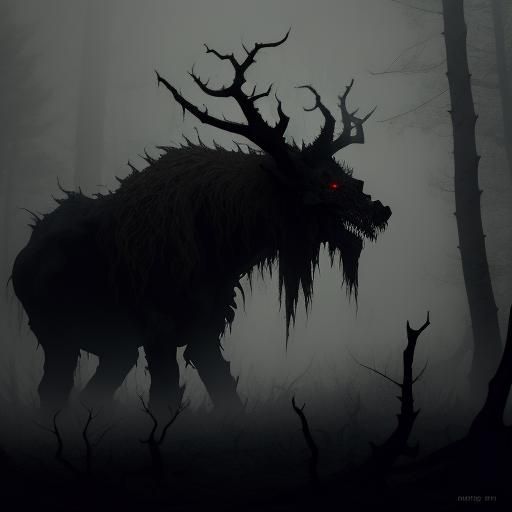 Ominous Demon in Forest Fog: Dark Fantasy Illustration