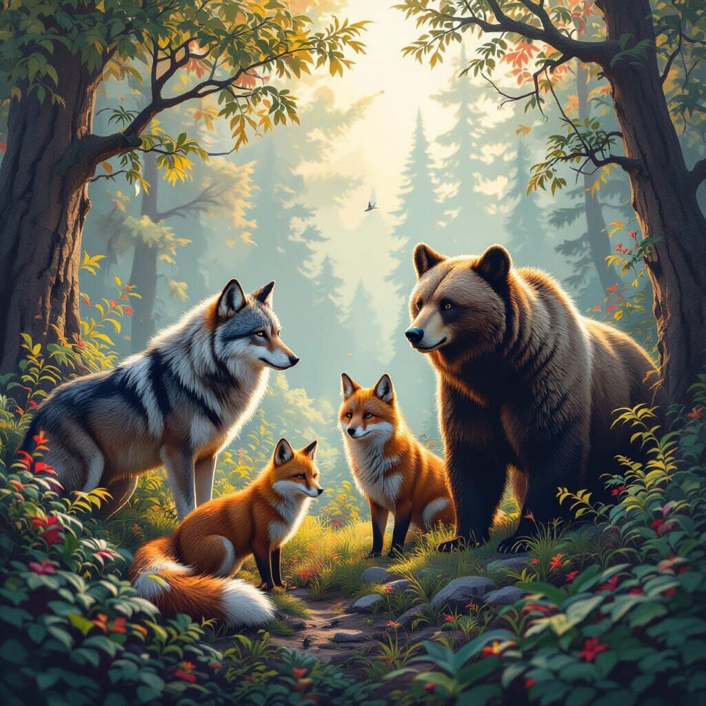 Wild Wolves, Foxes, and Bears in Vibrant Forest