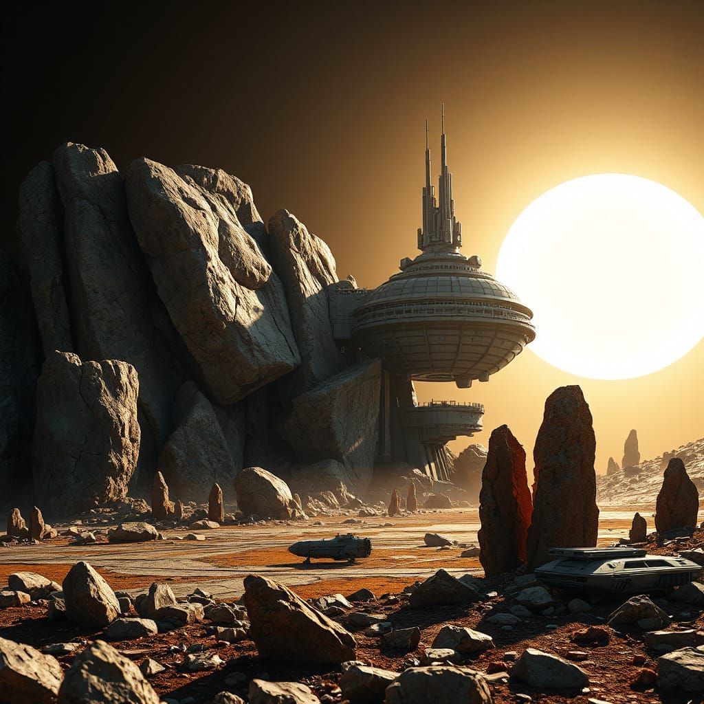 Sci-Fi Space Base on Asteroid in Moebius Style