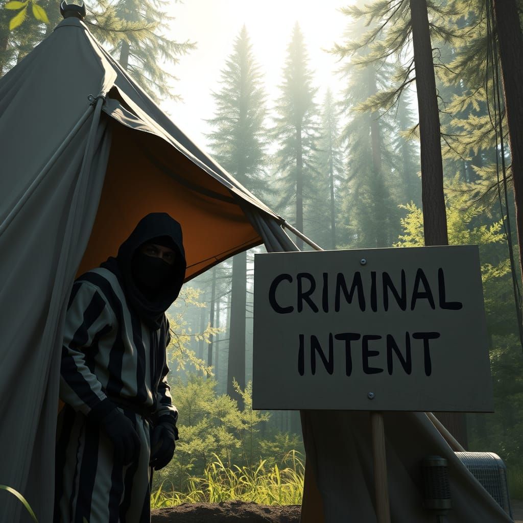 Prisoner Peeking from Tent in Sun-Dappled Forest