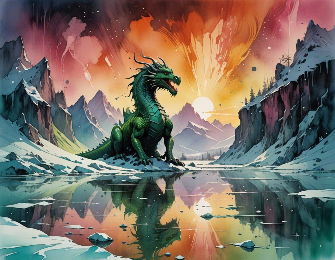 Crystal Dragon Coiled on Snowy Peak Under Aurora