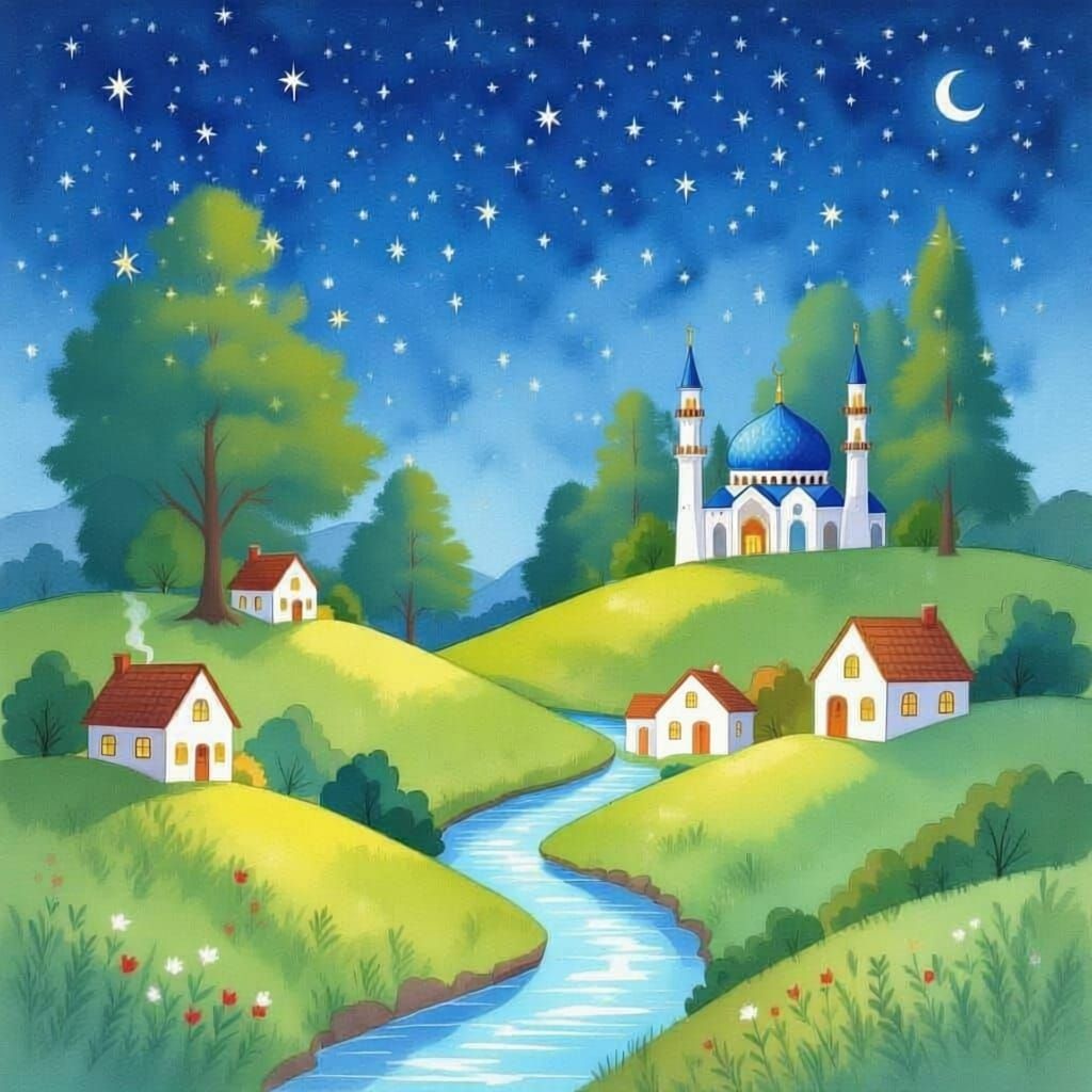 Starry Night Watercolor Landscape with Mosque