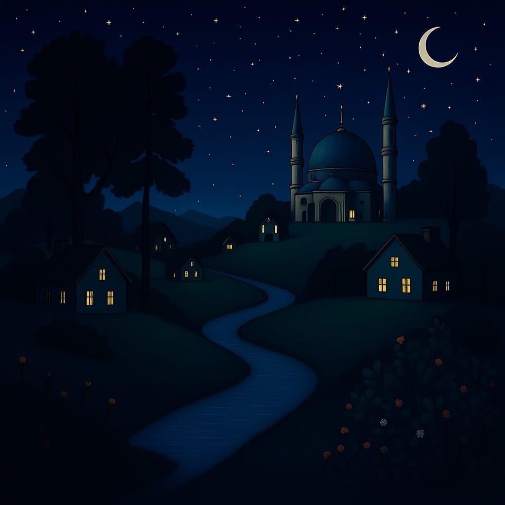 Watercolor Sketch of Starry Night Landscape with Mosque