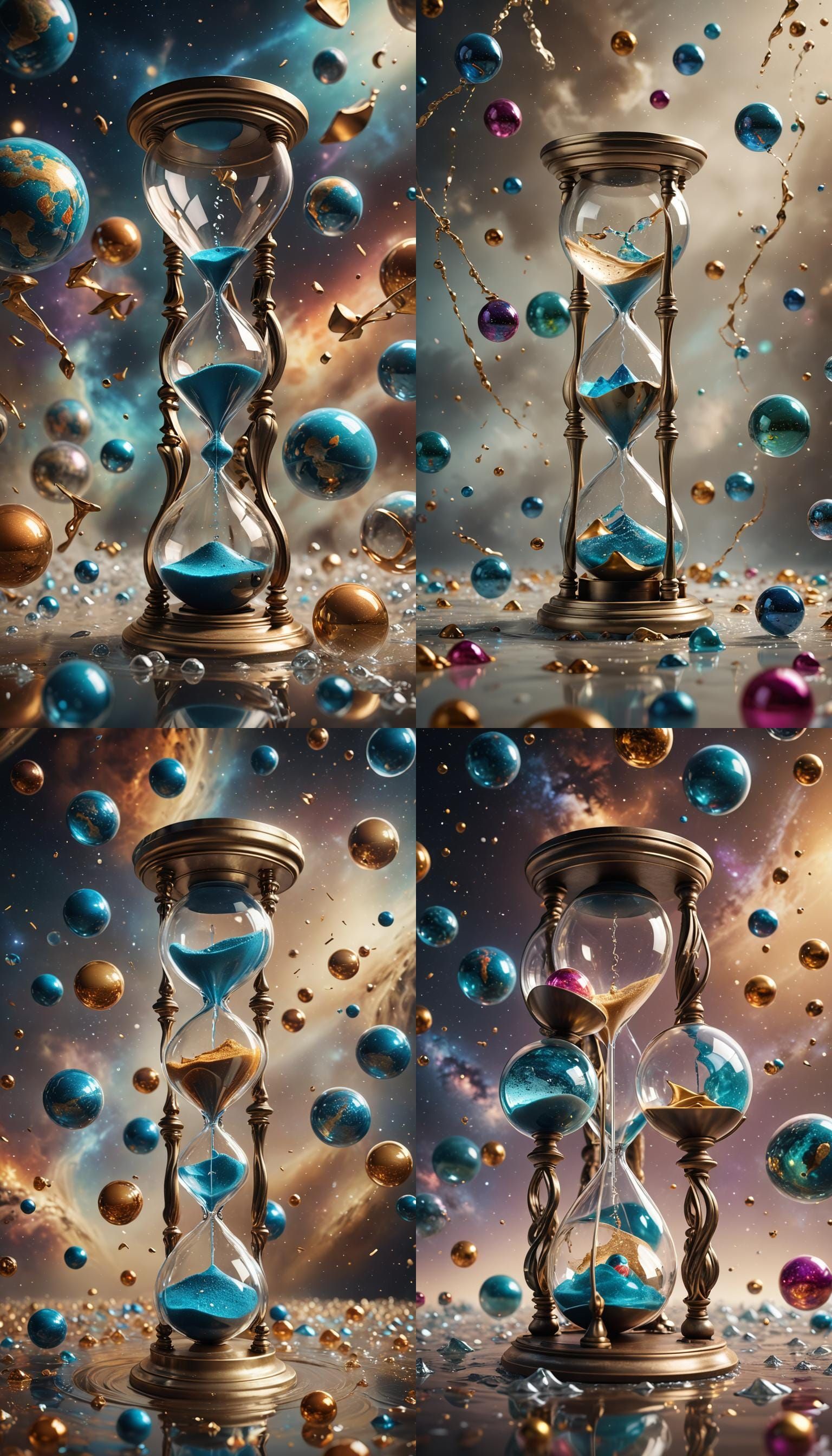 A photographically realistic image of a four dimensional hourglass with two glass globes floating in space with time flo...