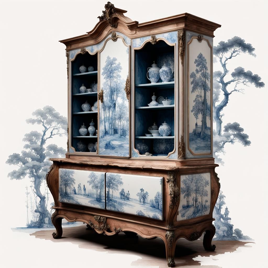 Toile de Jouy Cabinet in Digital Watercolor Style