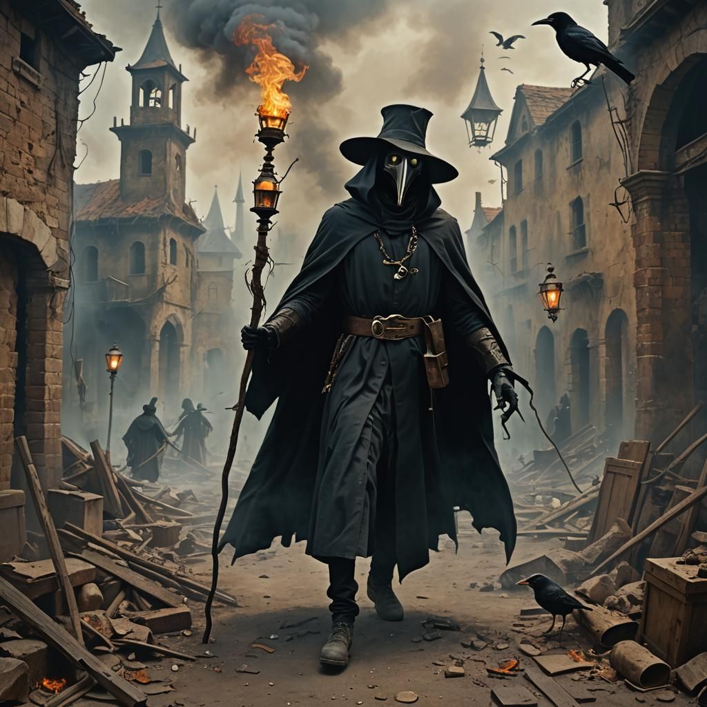 Plague Doctor in Ruins: A Renaissance Painting