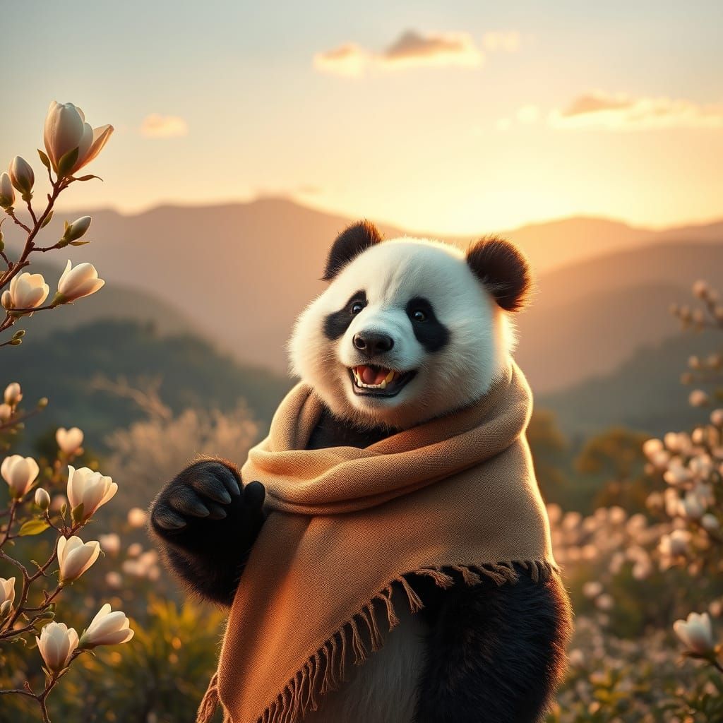 A giant panda enjoys magnolia blossoms