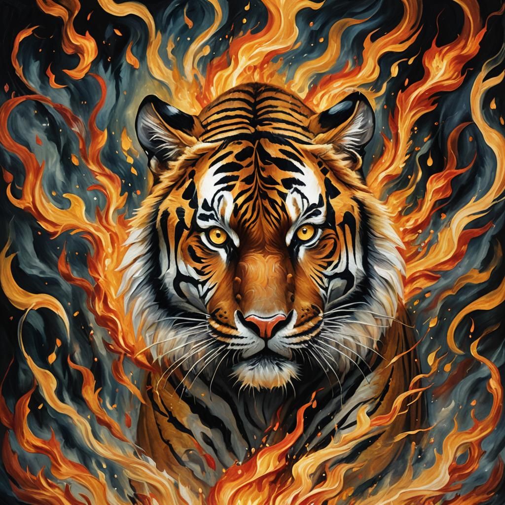 Surreal Tiger in Flames: Expressionist Fauvist Art