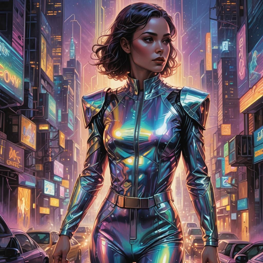 Iridescent Woman in Sci-Fi City, Comic Book Art