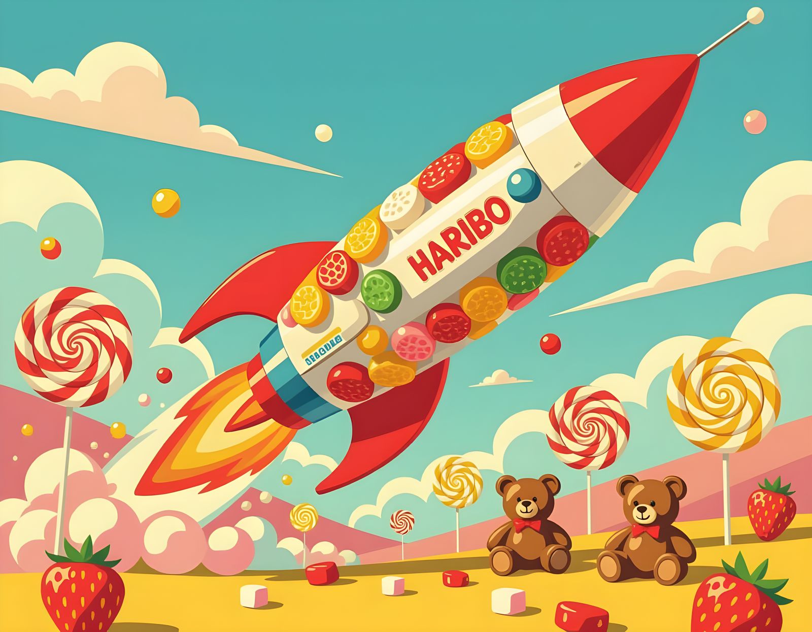 Candy Rocketship Adventure in 50s Graphic Style