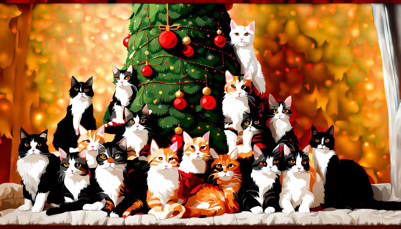 Whimsical Christmas Tree Made of Stacked Cats