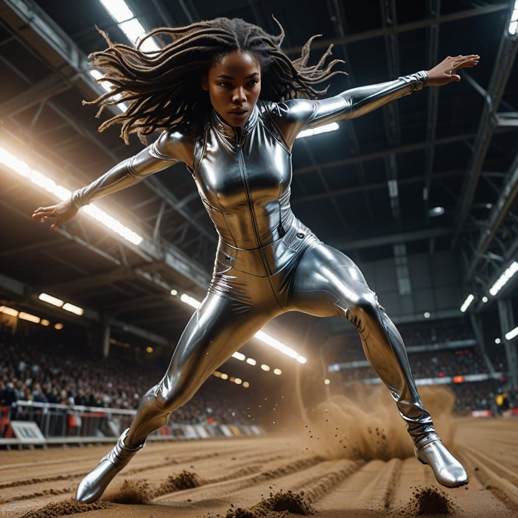 Biomechanical Athlete in Liquid Silver Catsuit Soars Through...