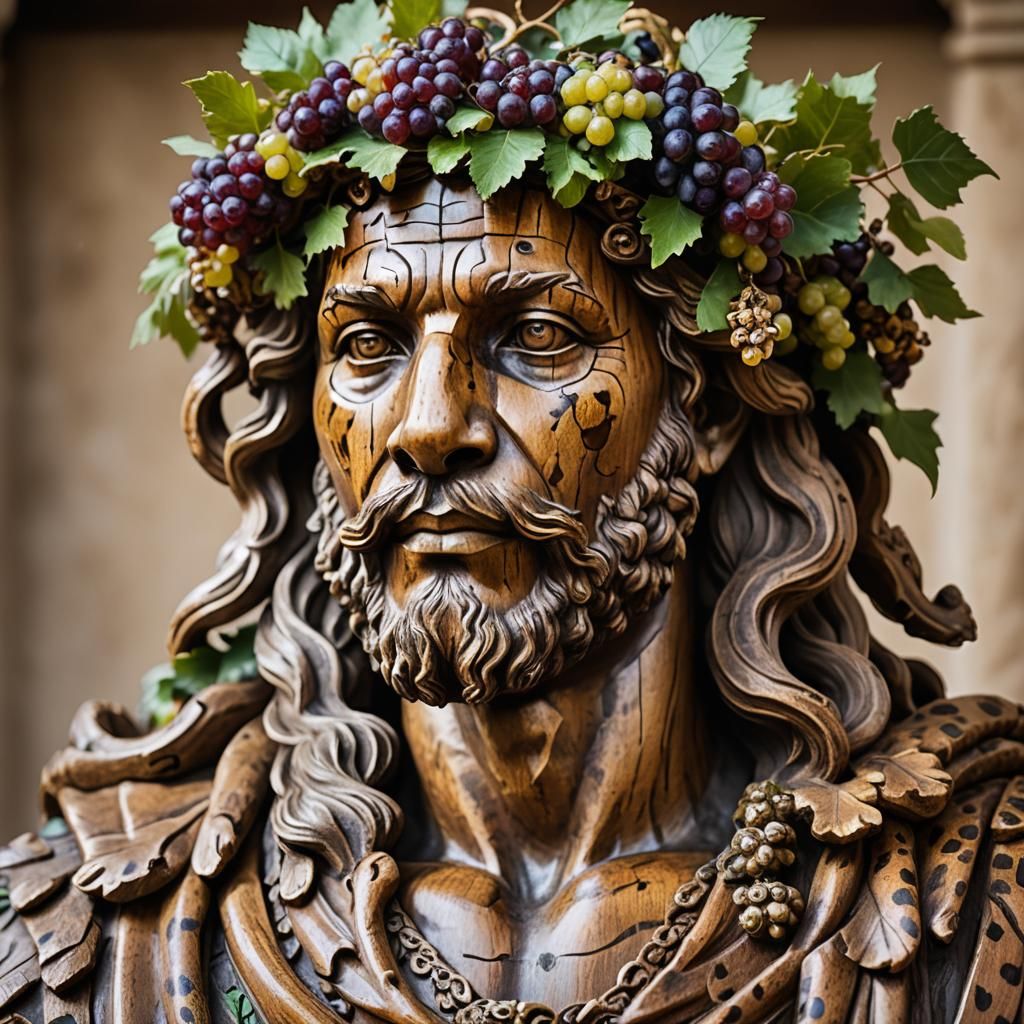 Wooden Dionysus Statue with Grape Wreath Portrait