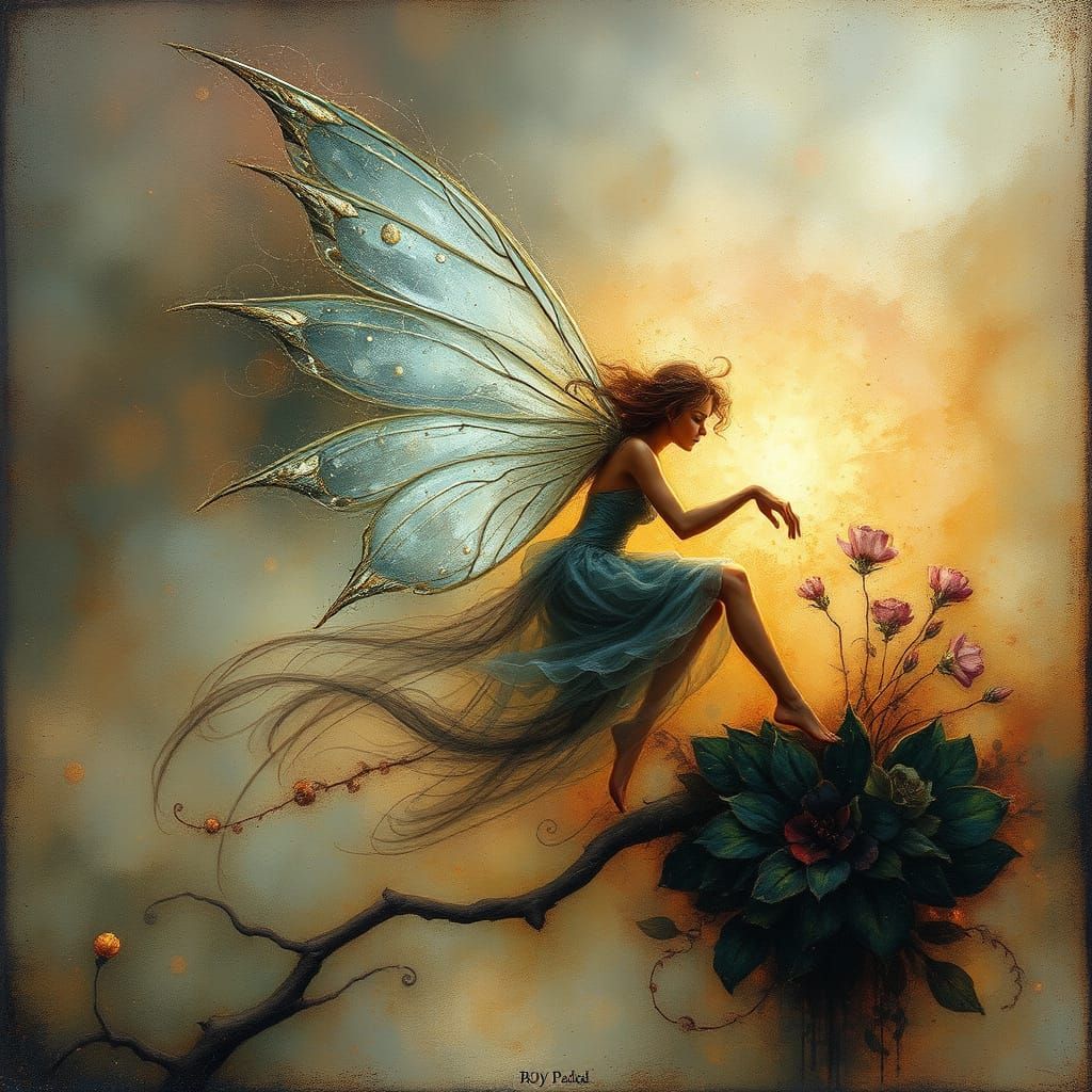 Ethereal Fairy in Vibrant Wax and Ink Art