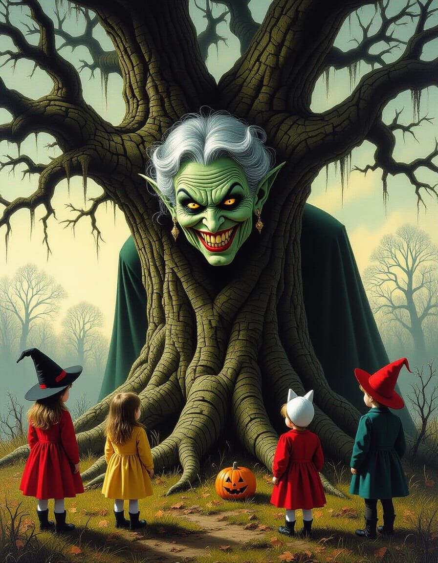 A witch with greyish green skin tone, is standing behind an ...