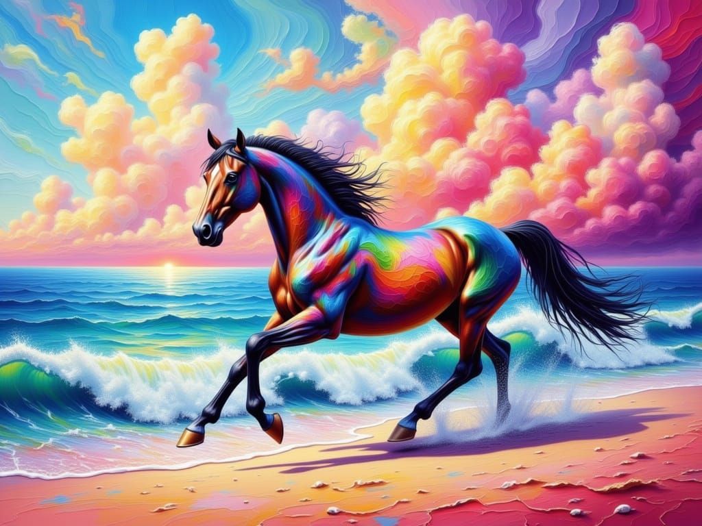 Majestic Horse on Coral Beach, Impasto Painting