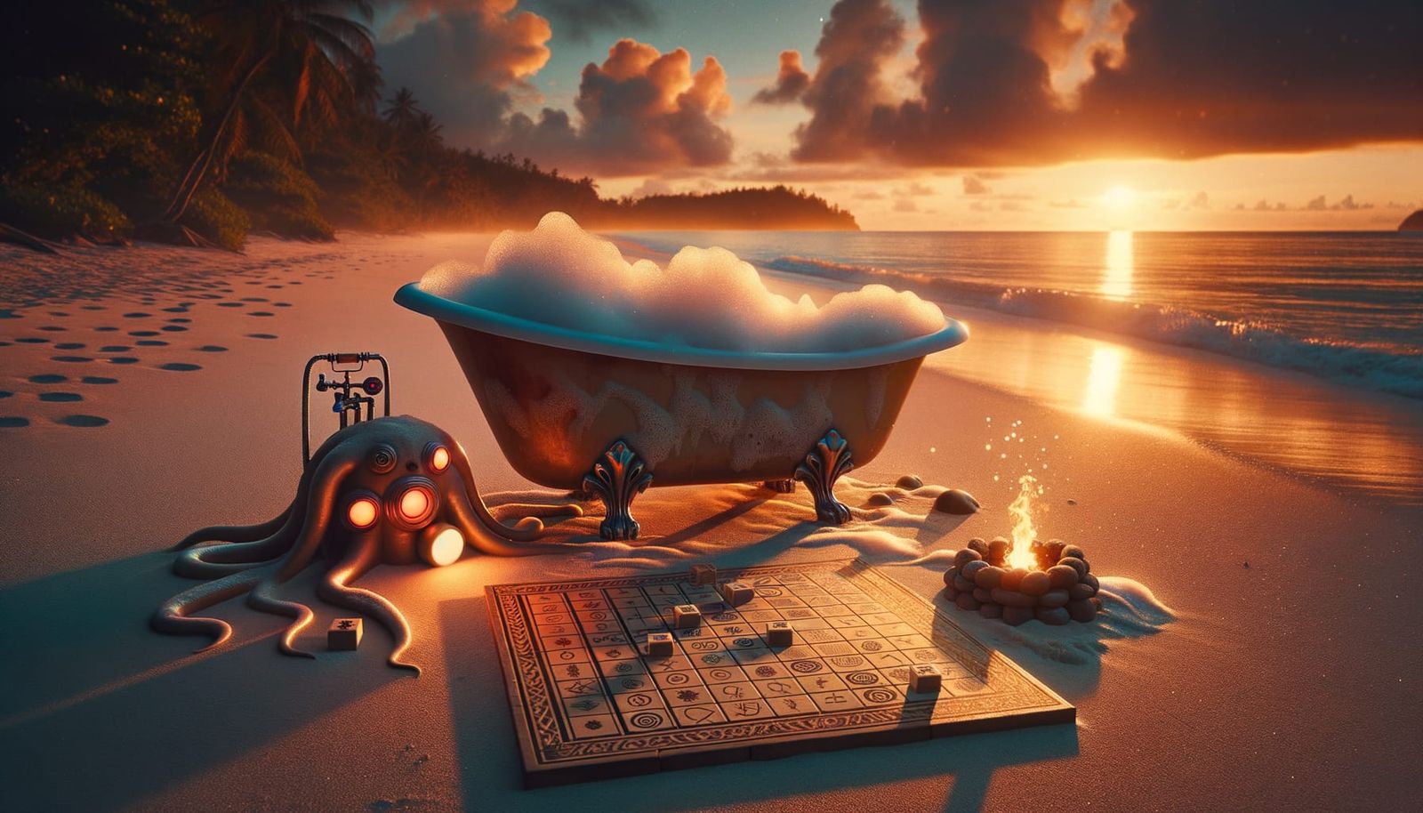 Eerie Sunrise: Tentacle, Robot, and Runes on Deserted Beach