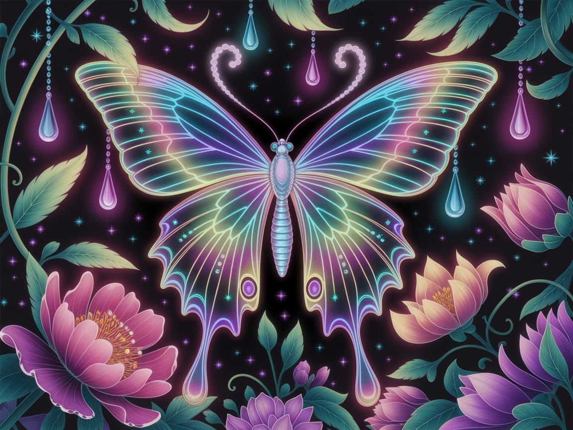 Bioluminescent Butterfly in Enchanted Garden, Art Nouveau St...