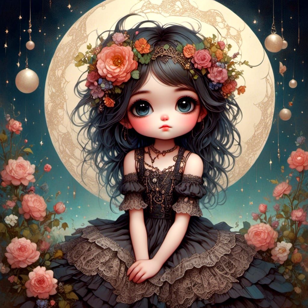 Whimsical Pixie on Crescent Moon in Digital Art