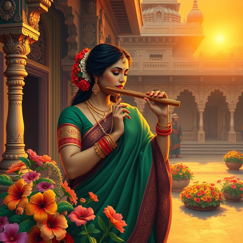 Indian Woman Playing Flute in Temple Courtyard