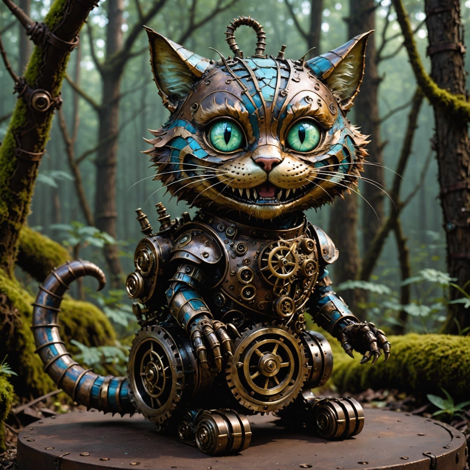 Steampunk Cheshire Cat in Clockwork Forest
