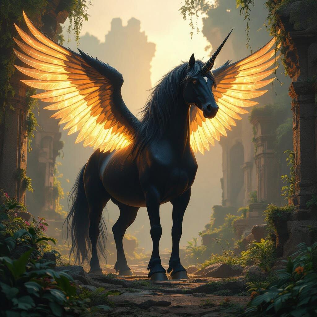 Giant Bioluminescent Unicorn with Ancient Ruins