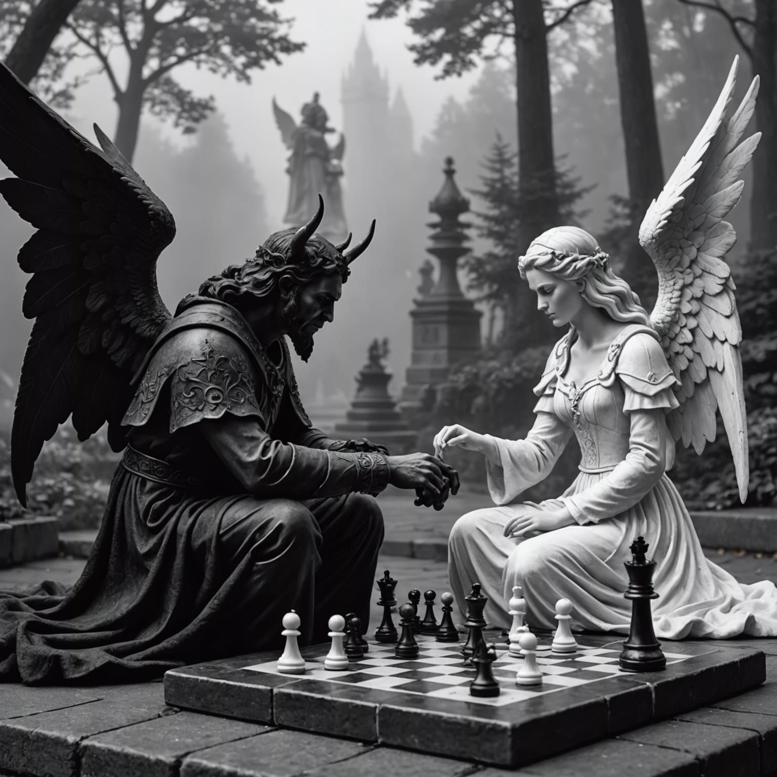 Chess Game: Angel vs Demon in Ethereal Style