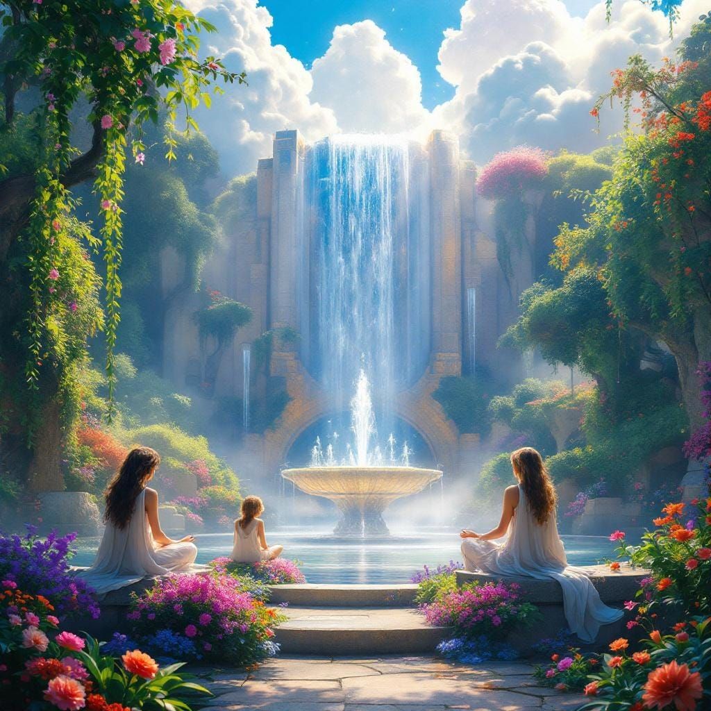 Angels Meditating by Fountain in Cloud Gardens