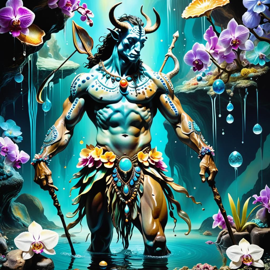 Surreal Centaur Warrior in Bioluminescent Liquid Environment