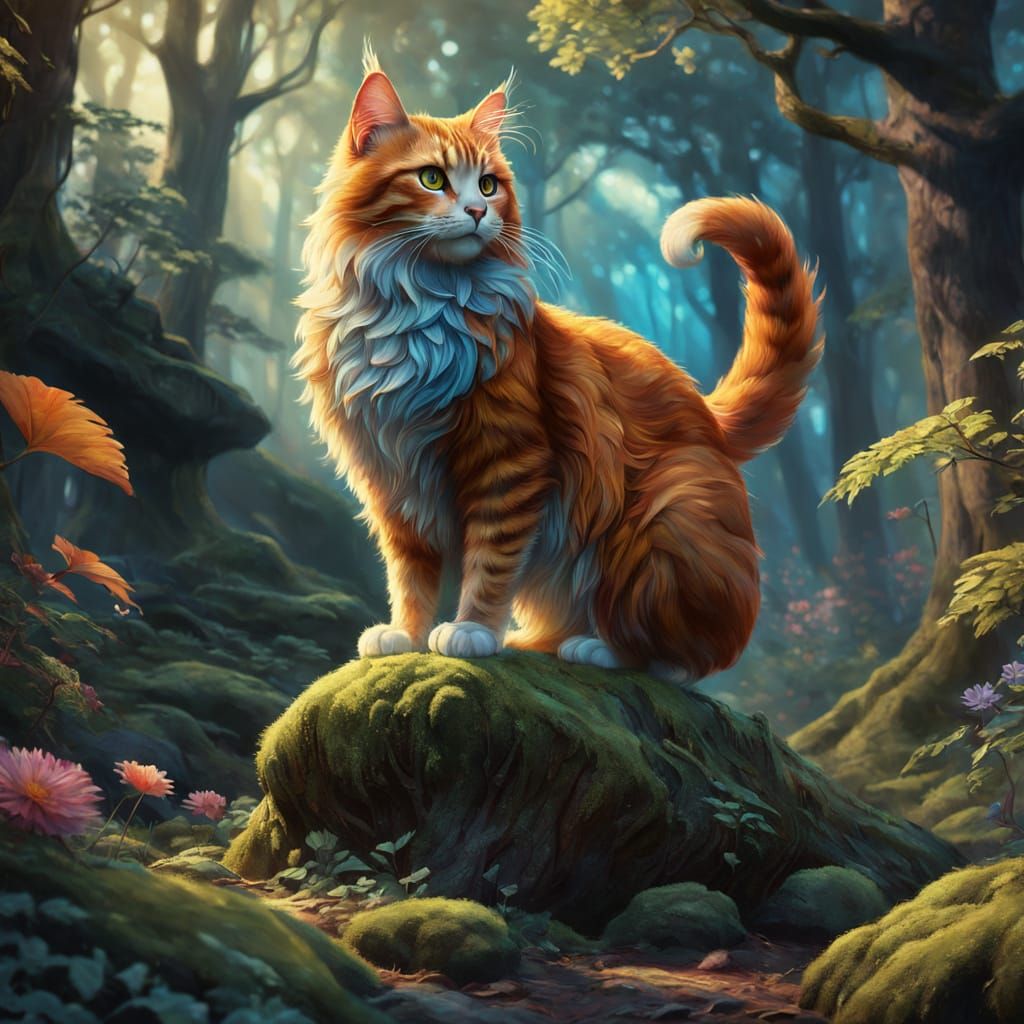 Elegant Cat in Whimsical Forest, Oil Painting Style