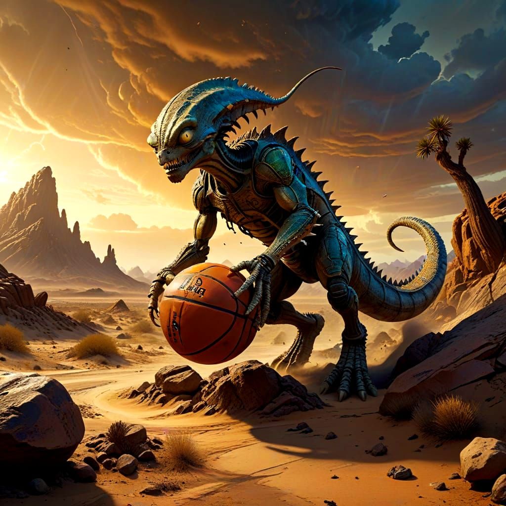Alien Basketball on a Desert Planet in Splash Art