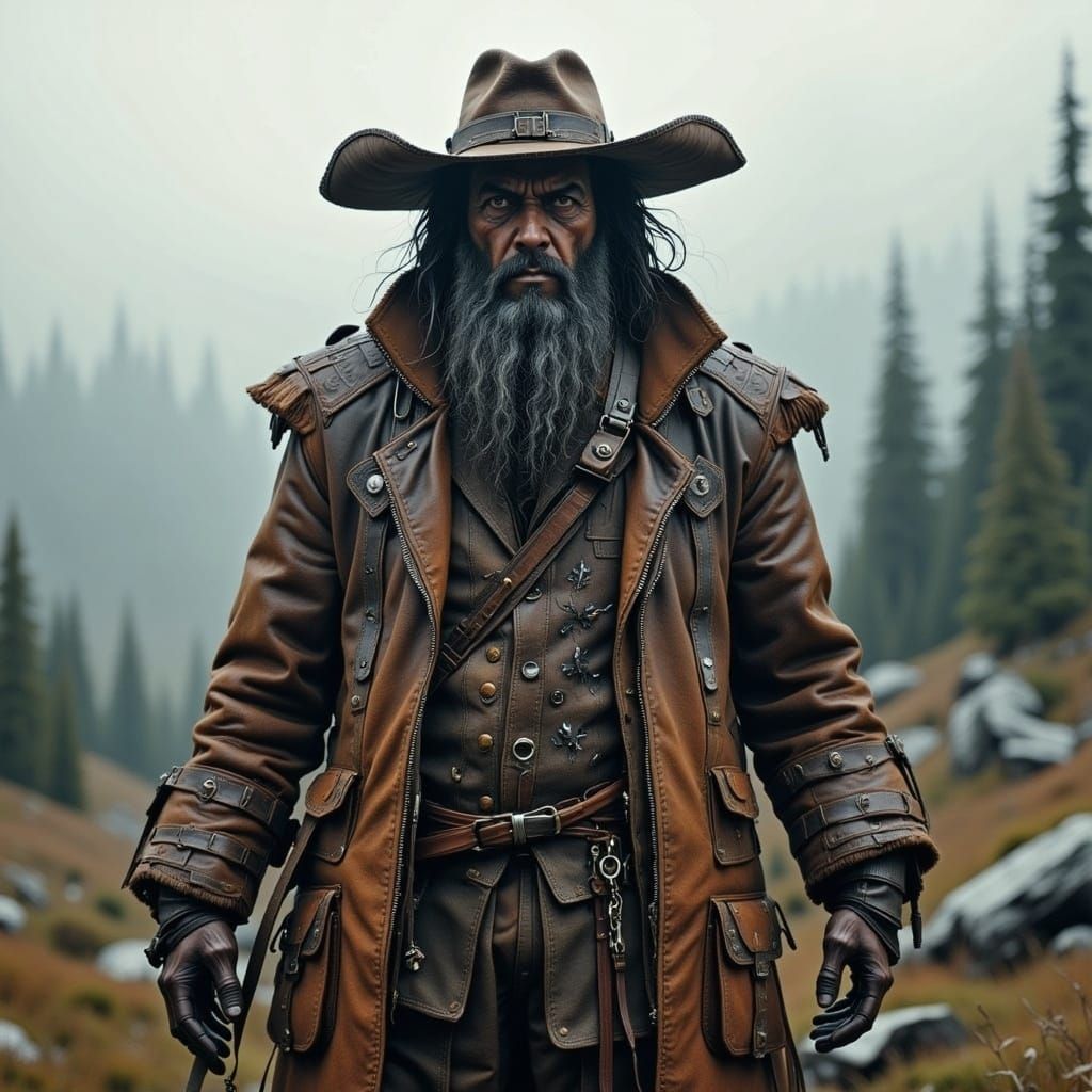 Steampunk Figure Gazing at Misty Forest