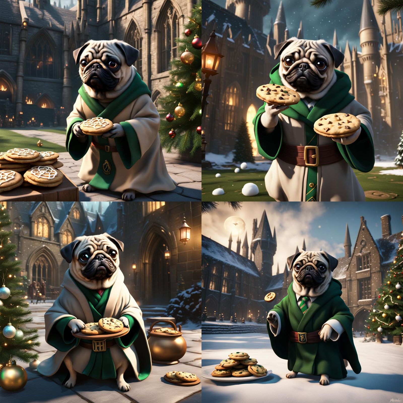 Pug in Slytherin Robe at Hogwarts, Christmas Scene