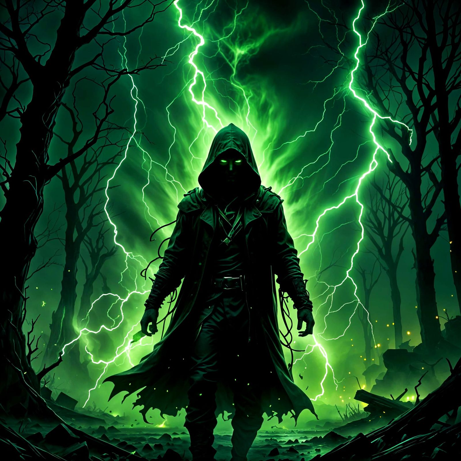 Shadowy Figure Illuminated by Green Lightning