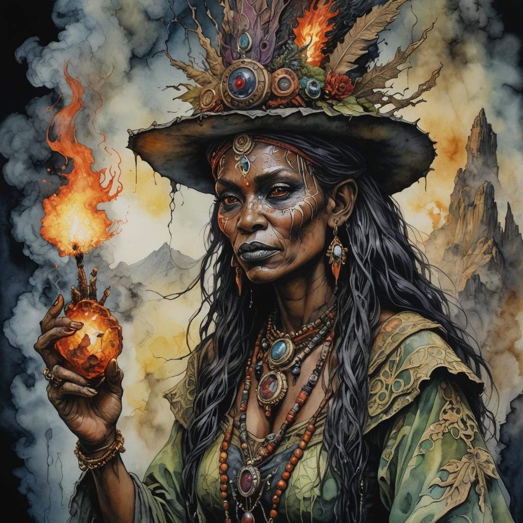 Hyperrealistic Witch Doctor in Volcanic Landscape