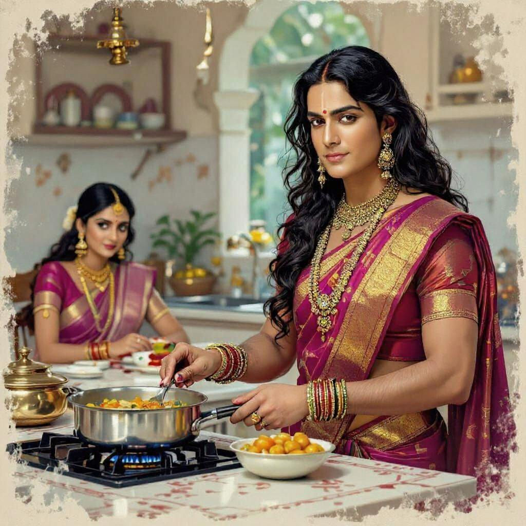 Man in Saree Cooking Dinner