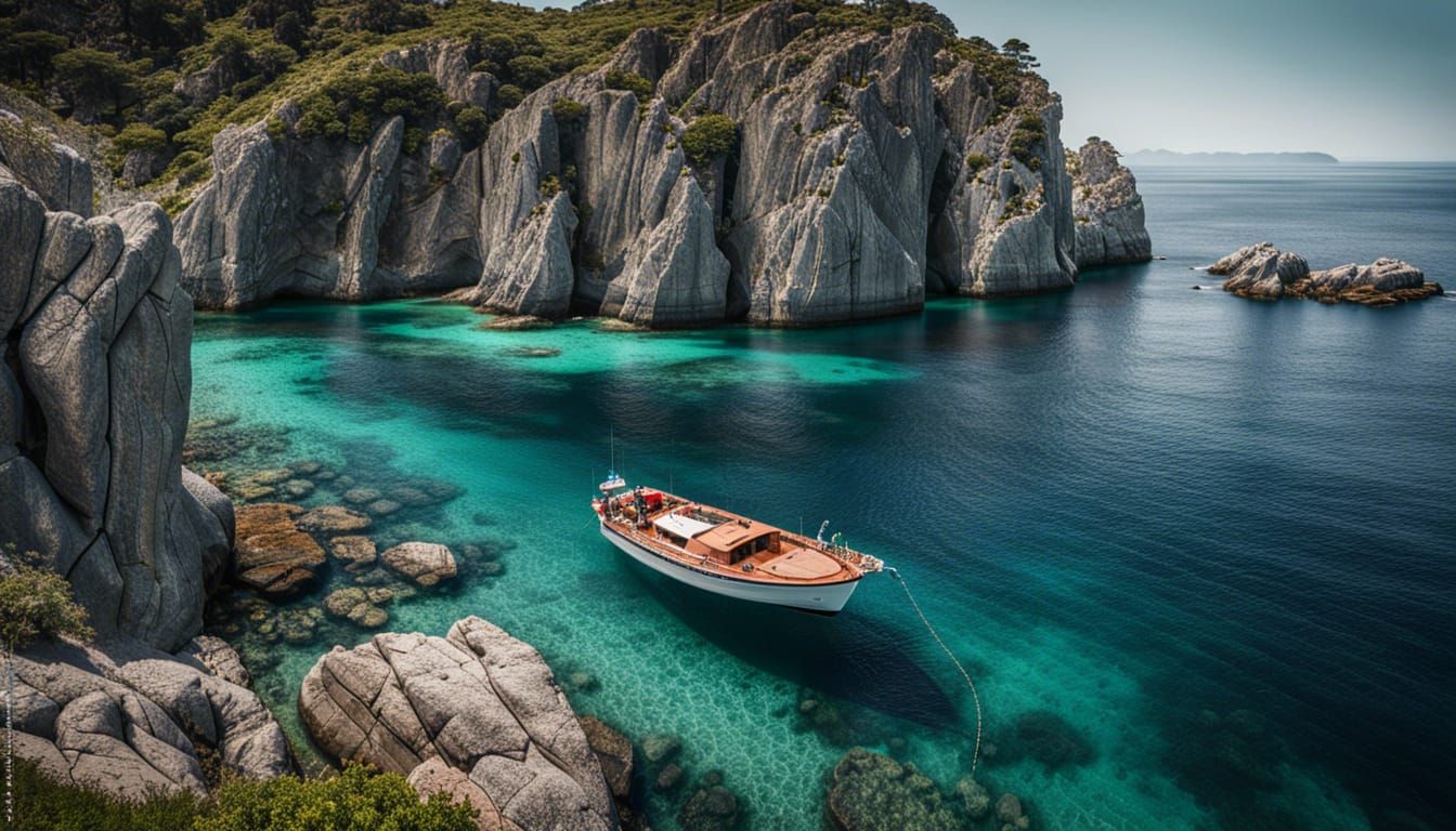 Boat Sailing on Crystal Blue Sea: Coastal Landscape