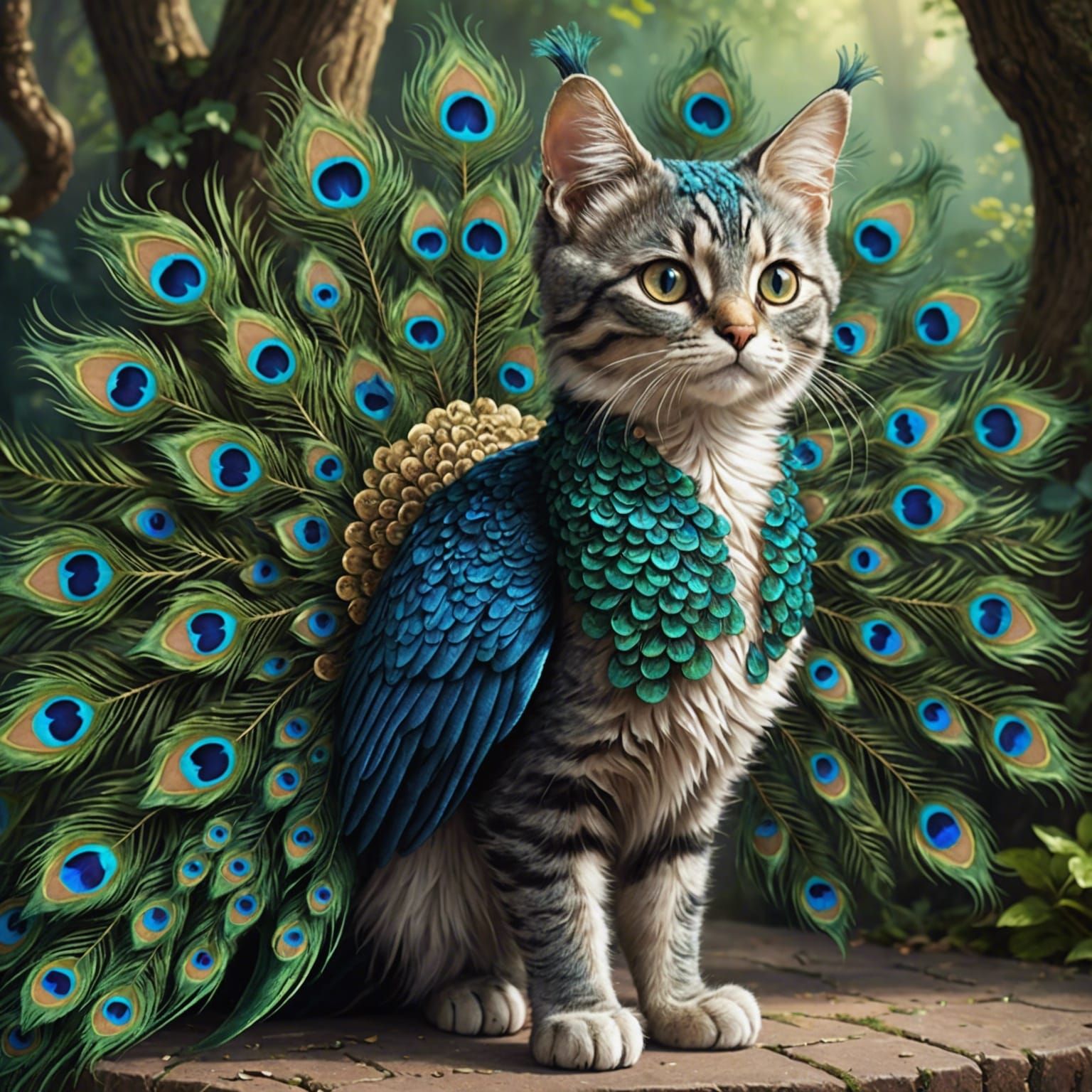 Cute Cat Peacock in a Fantasy Style