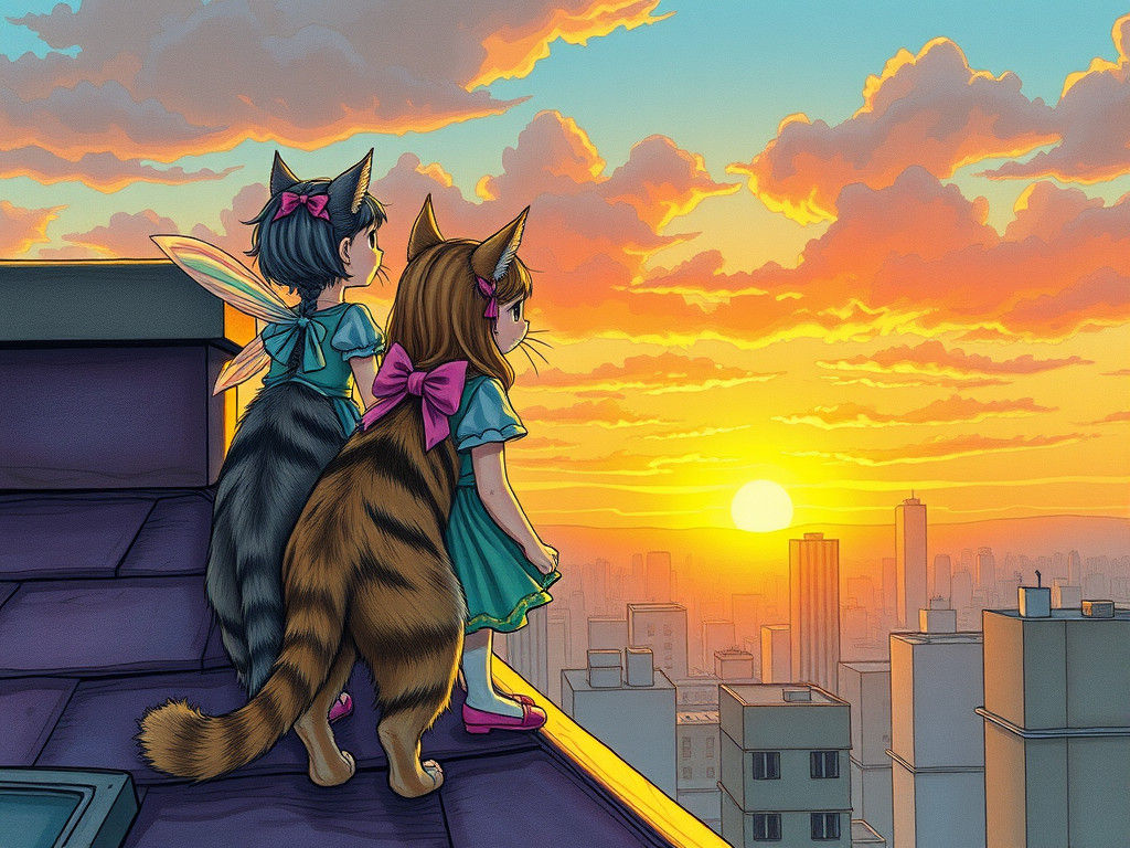 Girl Fairies Ride Cats to See Sunrise