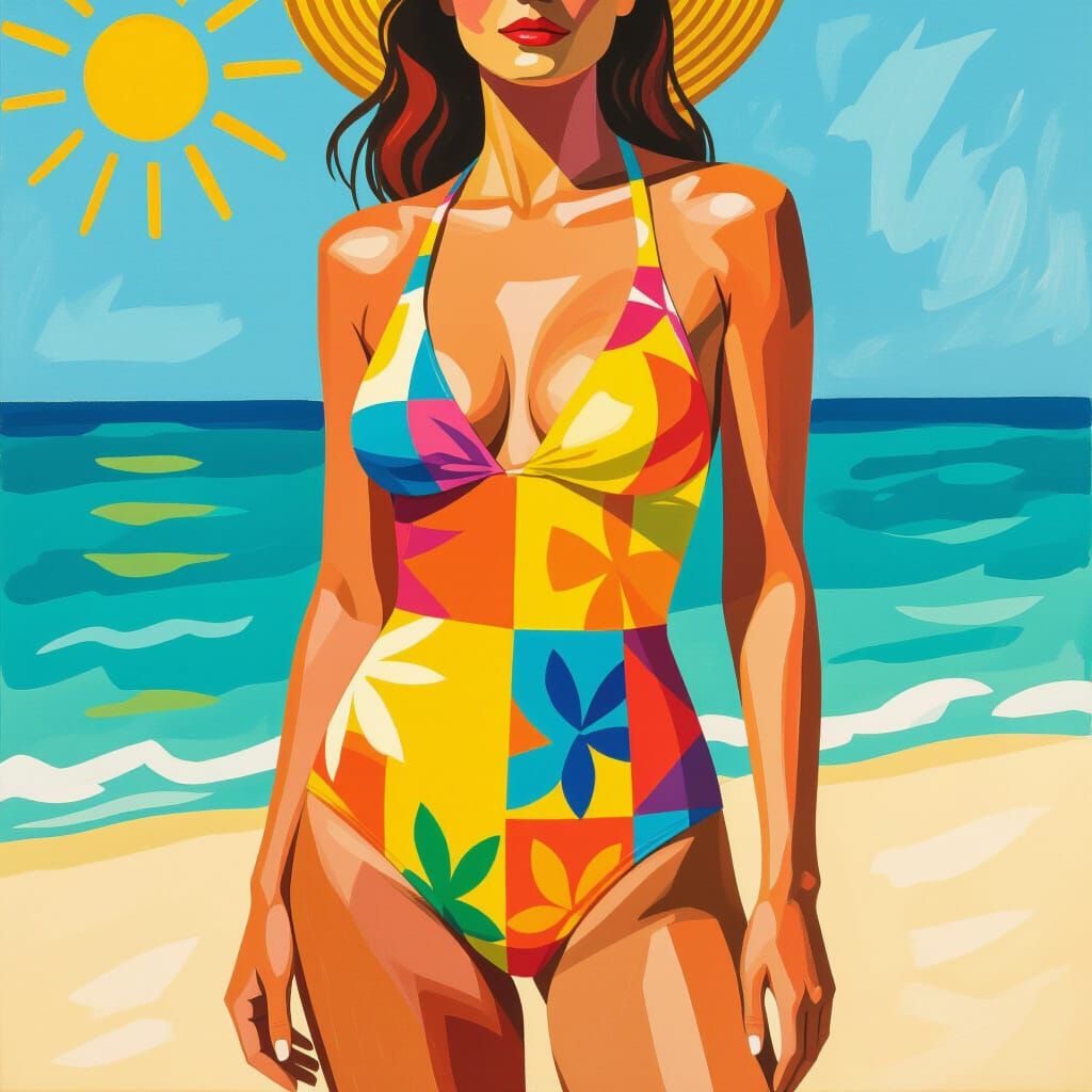 Woman on Sunny Beach in Vibrant, Patterned Style