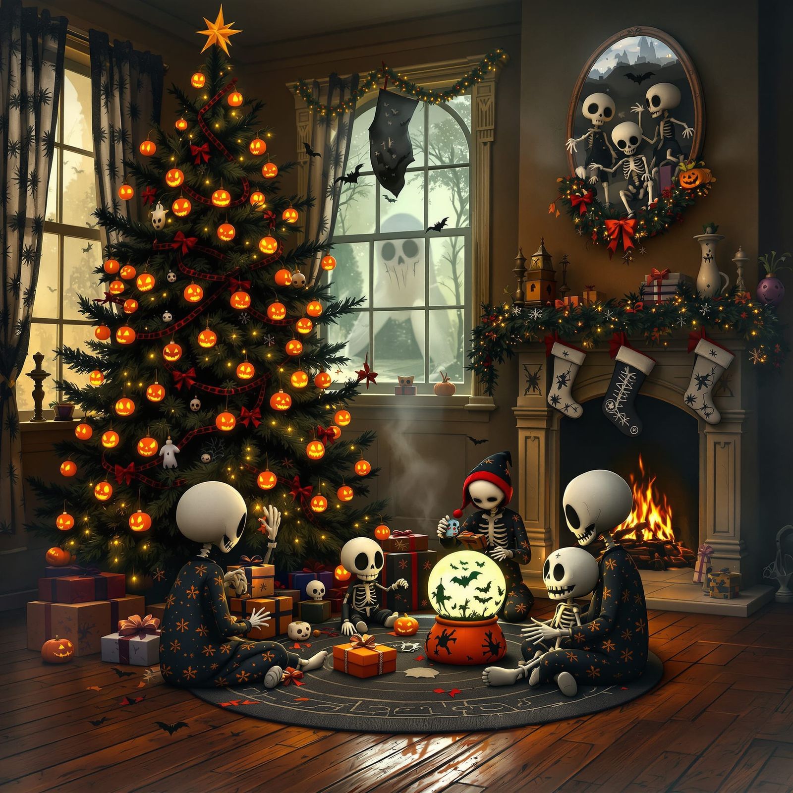 A whimsical gothic family scene that beautifully merges Chri...