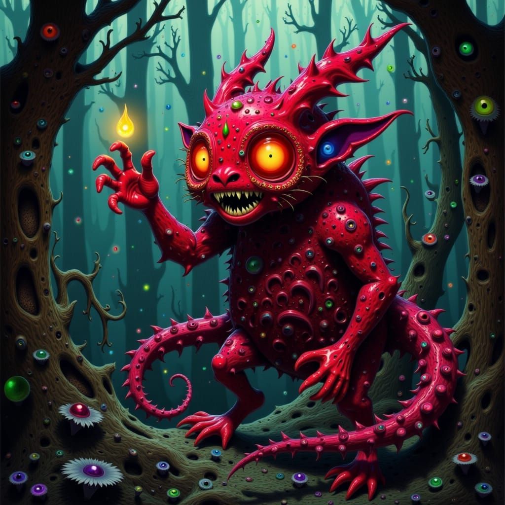 Red Monster in Mystical Cyberpunk Forest