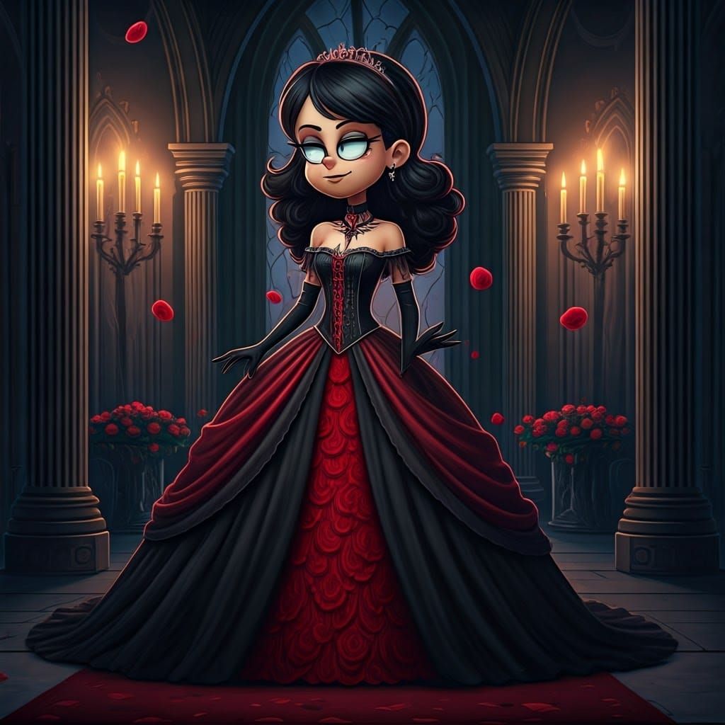 Stella Zhau, reimagined as a gothic fashion icon, poses dram...