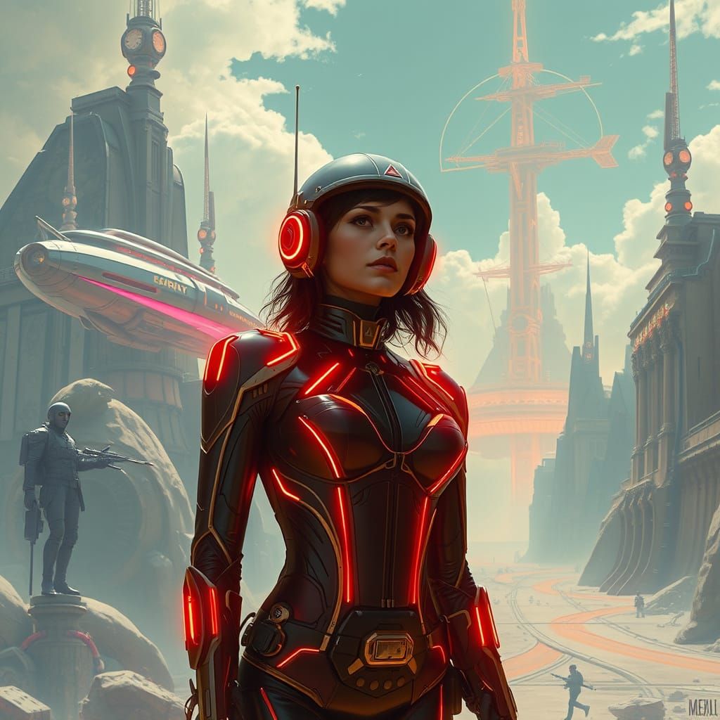 Futuristic Woman Embraces Self-Realization in Neon Cityscape