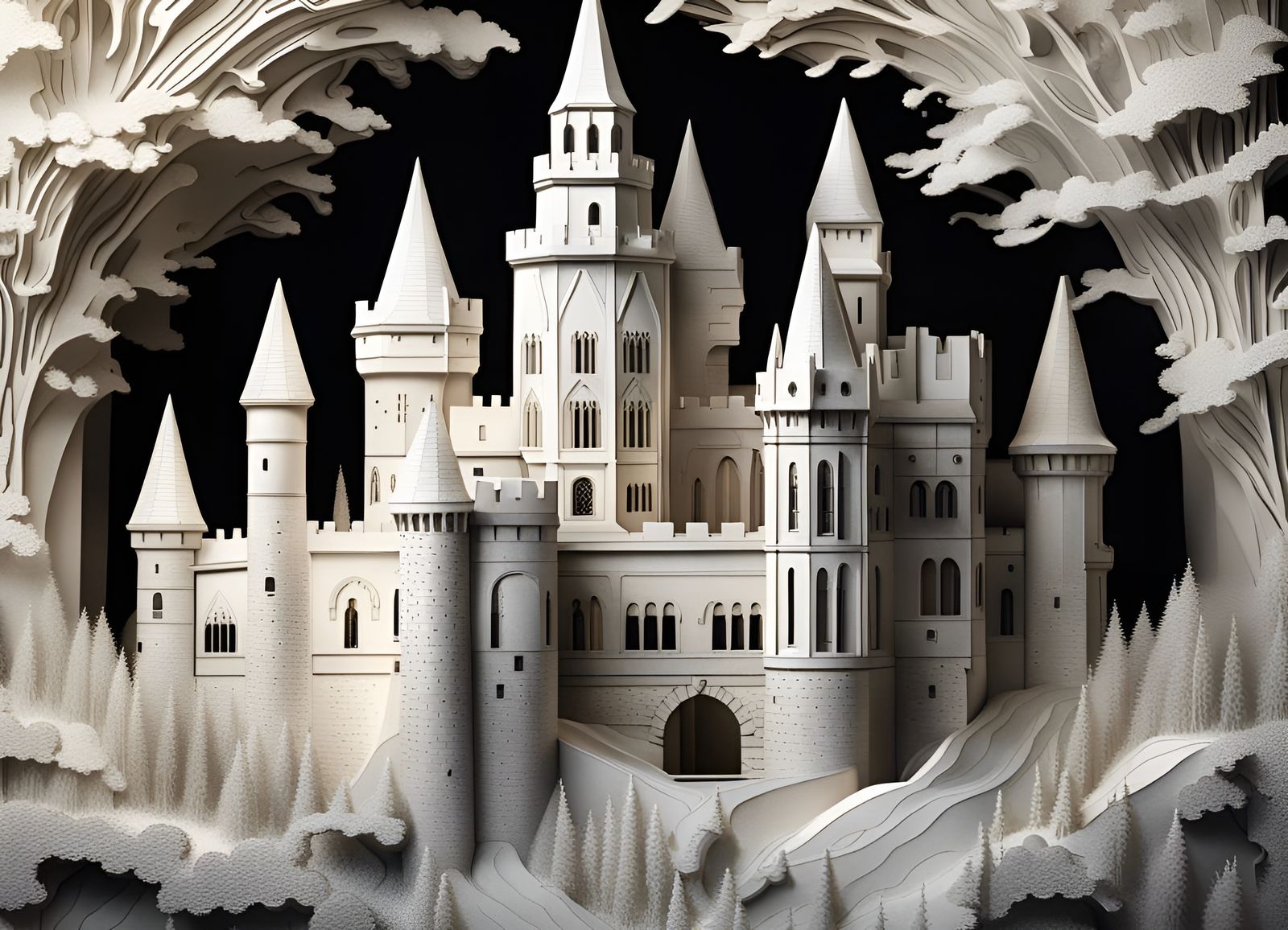 Medieval White Stone Castle in Paper Art Style