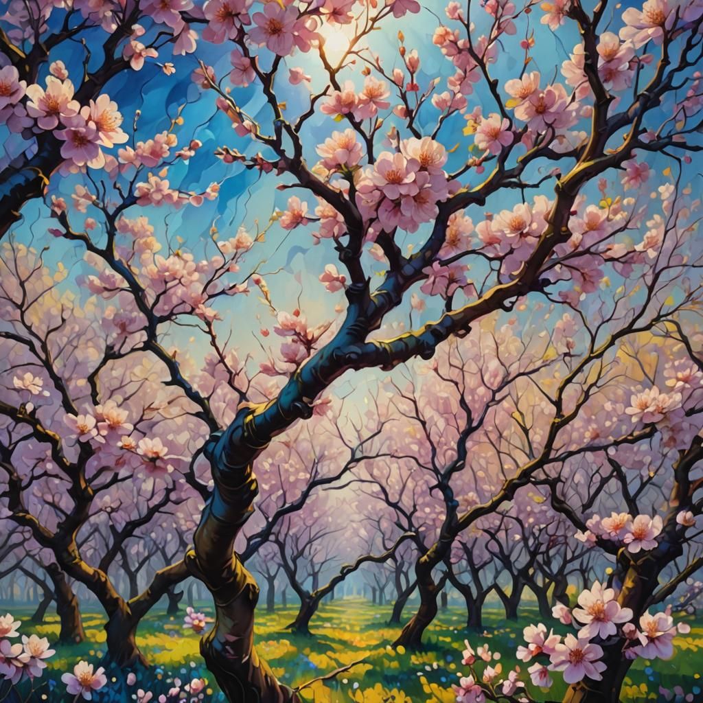 Surreal Cherry Blossom Orchard: Vibrant Oil Painting