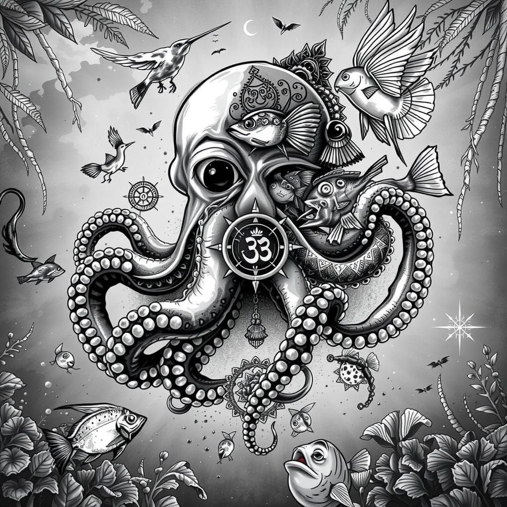 Tattooed Island Paradise with Expressive Octopus and Tropica...