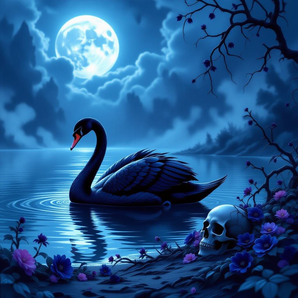 Obsidian Swan on Mystical Lake in Dark Fantasy Style